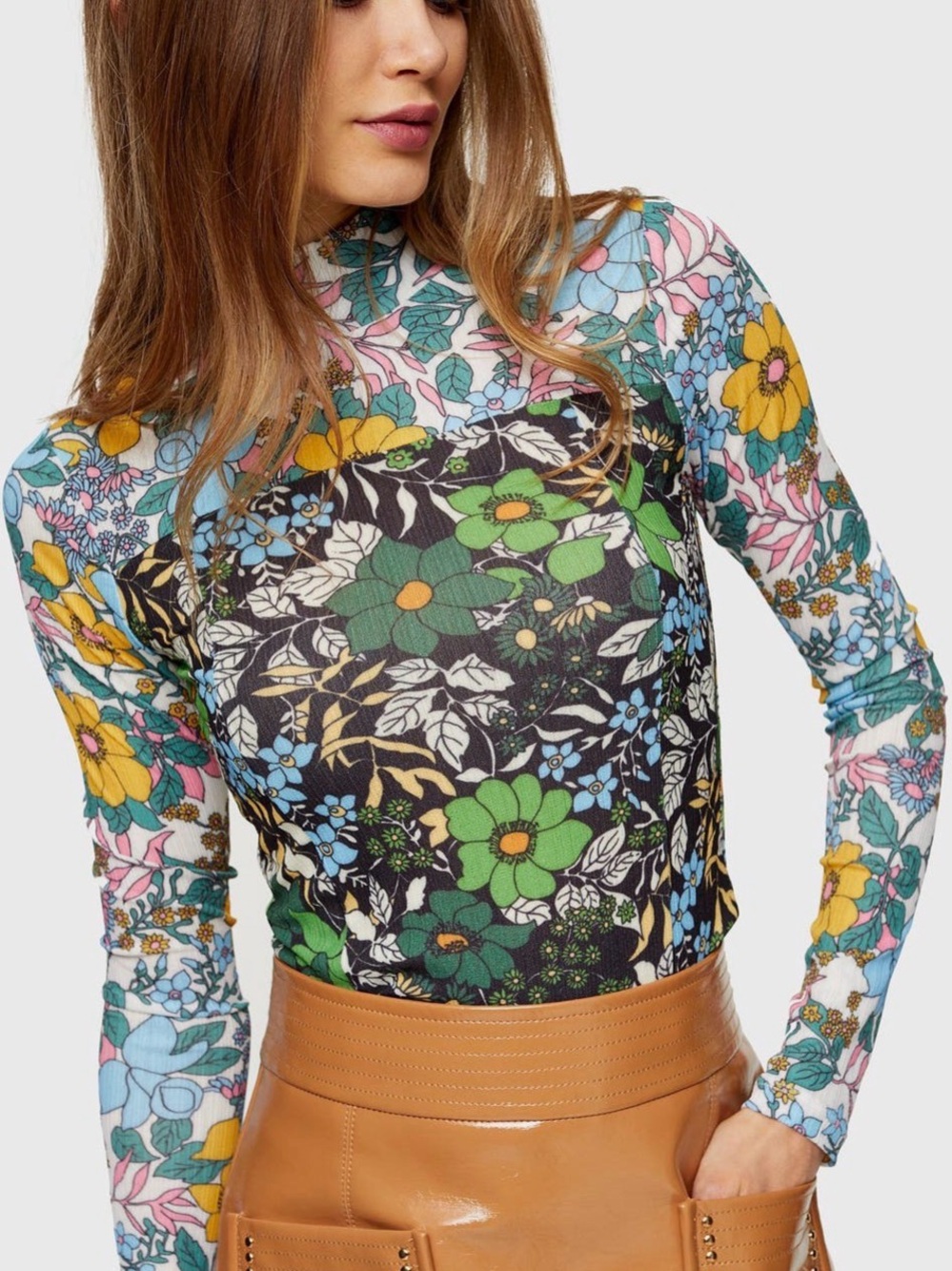Topshop Multi-Color Floral Mock Neck Long-Sleeve Top